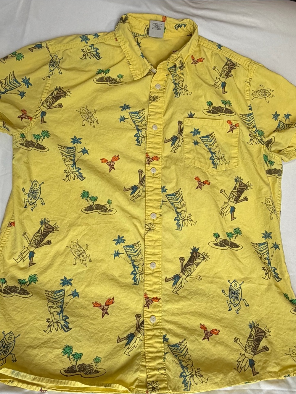 Vintage Hang Ten Hawaiian Tiki Shirt Mens XL Yellow 100% Cotton Aloha Surf
